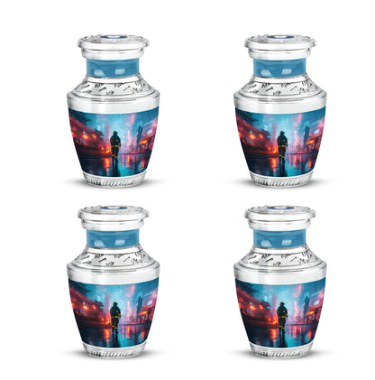 Sky Blue Firefighter Cremation Urn back view with polished surface - contemporary firefighter design with modern artistic flair - 10 inch aluminum urn for cremated remains