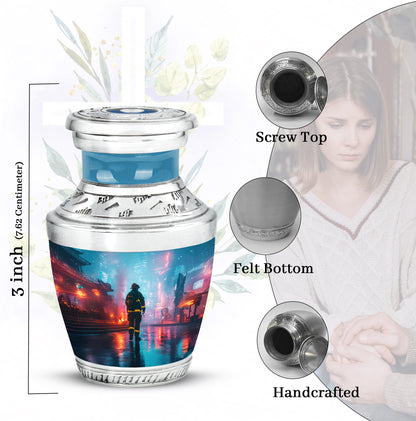 Cornflower Blue Firefighter Cremation Urn top-down view of secure threaded lid - artistic firefighter interpretation with creative detail - mini keepsake memorial for portion of cremation ashes