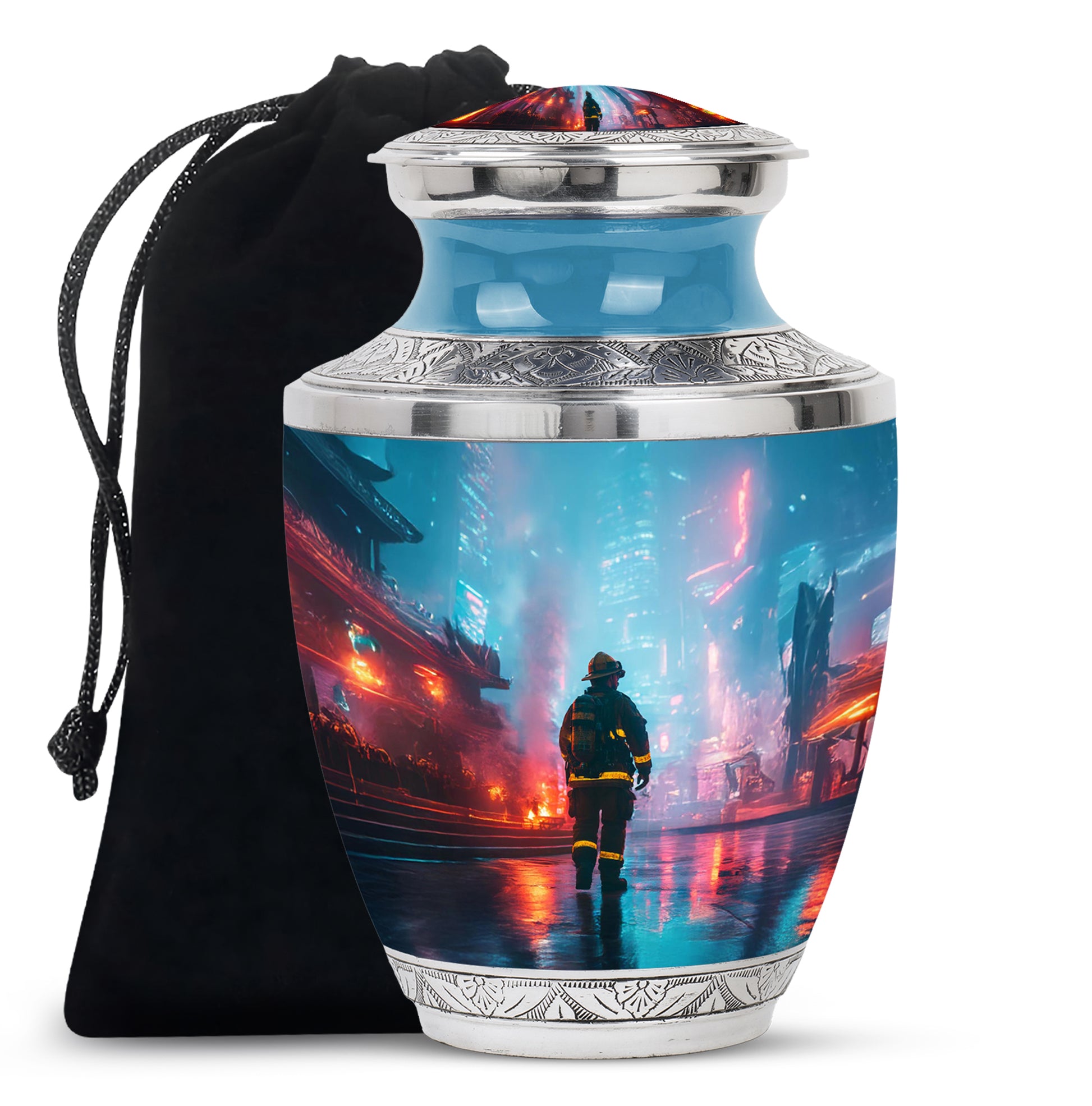 Twilight Blue Firefighter Cremation Urn side profile showing urn shape - artistic firefighter interpretation with creative detail - full-size 10 inch 200 cubic inch adult cremation urn