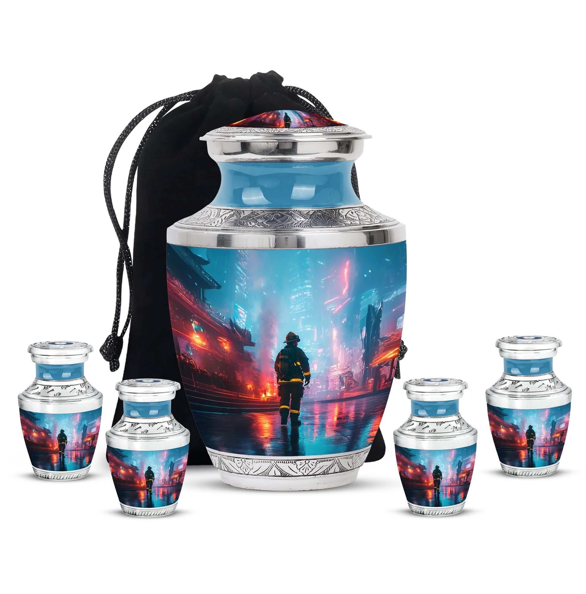 Sky Blue Firefighter Cremation Urn lifestyle display on memorial shelf - modern art-inspired firefighter motif on sleek aluminum - memorial set with one large and four small urns