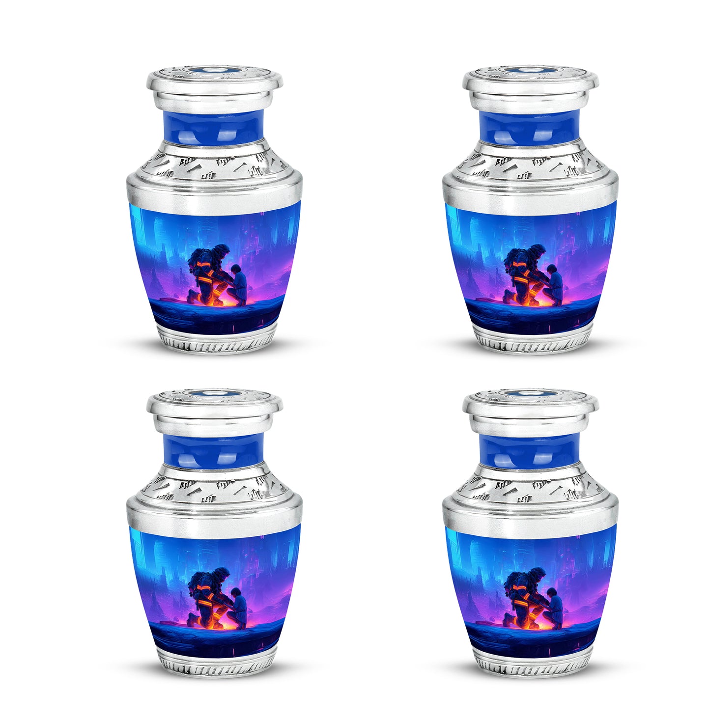 Powder Blue Firefighter Cremation Urn back view with polished surface - modern art-inspired firefighter motif on sleek aluminum - 10 inch aluminum urn for cremated remains