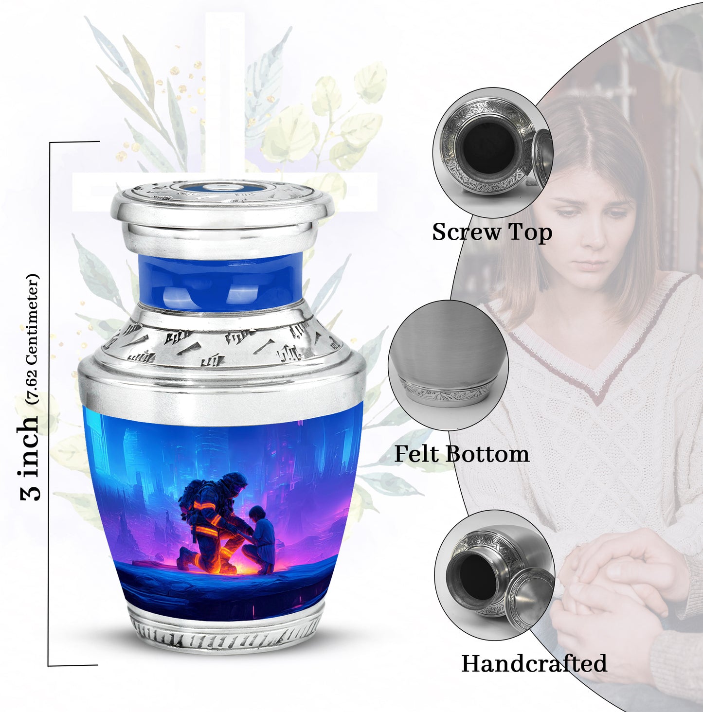 Misty Blue Firefighter Cremation Urn top-down view of secure threaded lid - contemporary firefighter design with modern artistic flair - mini keepsake memorial for portion of cremation ashes