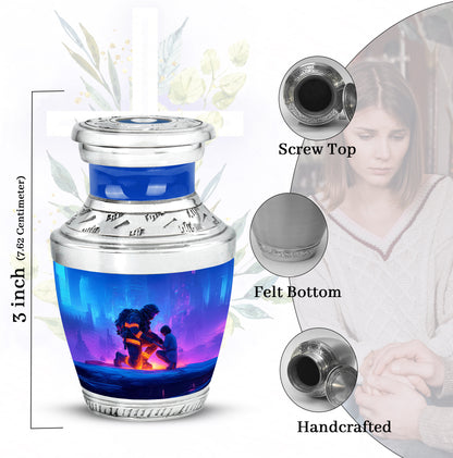 Misty Blue Firefighter Cremation Urn top-down view of secure threaded lid - contemporary firefighter design with modern artistic flair - mini keepsake memorial for portion of cremation ashes