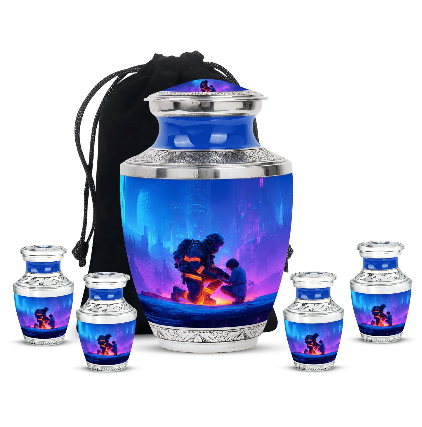 Slate Blue Firefighter Cremation Urn lifestyle display on memorial shelf - modern art-inspired firefighter motif on sleek aluminum - memorial set with one large and four small urns