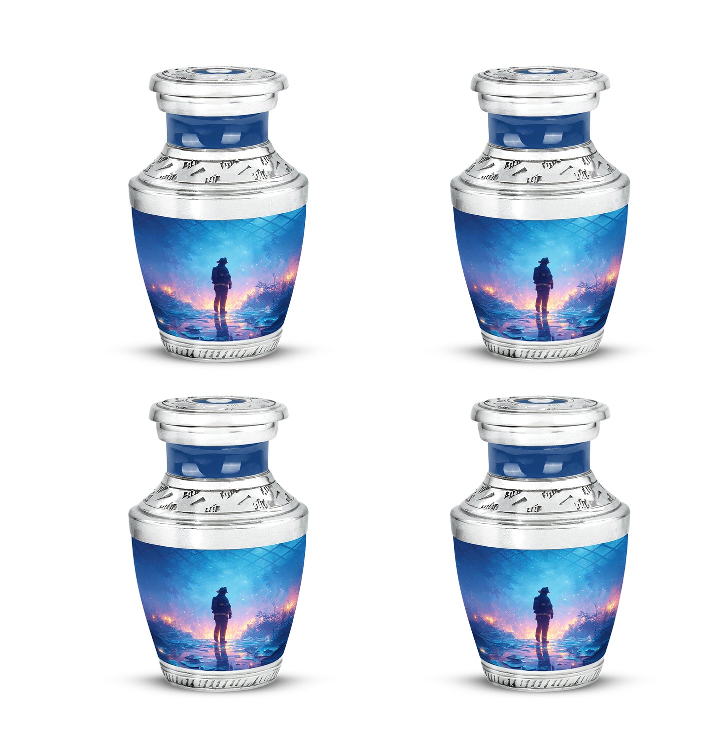 Slate Blue Firefighter Cremation Urn back view with polished surface - contemporary firefighter design with modern artistic flair - 10 inch aluminum urn for cremated remains