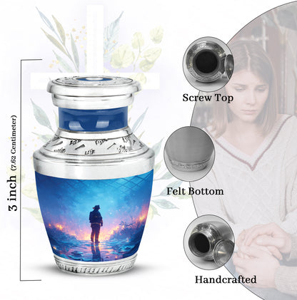 Slate Blue Firefighter Cremation Urn top-down view of secure threaded lid - contemporary firefighter design with modern artistic flair - mini keepsake memorial for portion of cremation ashes
