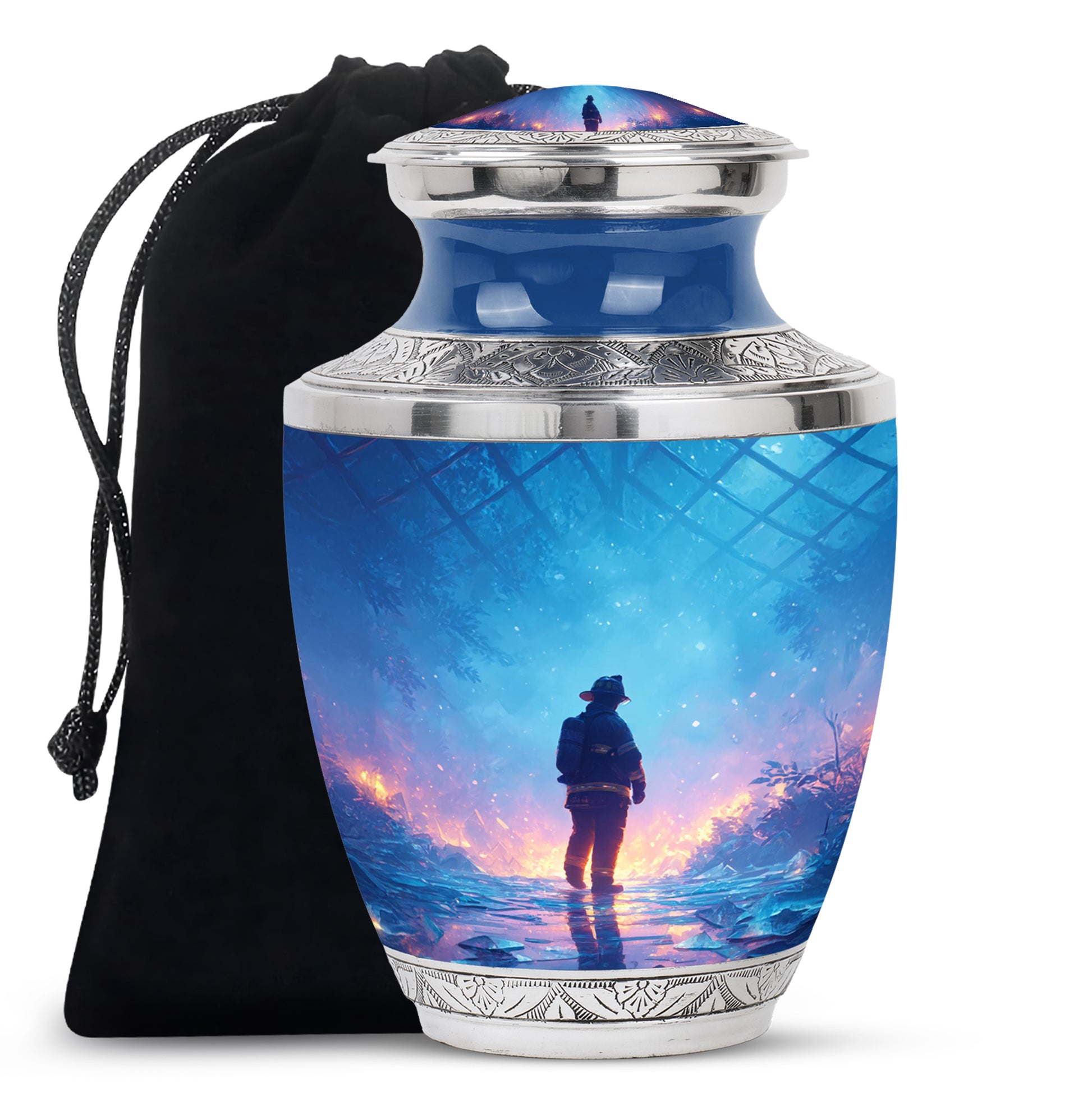 Azure Firefighter Cremation Urn side profile showing urn shape - contemporary firefighter design with modern artistic flair - full-size 10 inch 200 cubic inch adult cremation urn