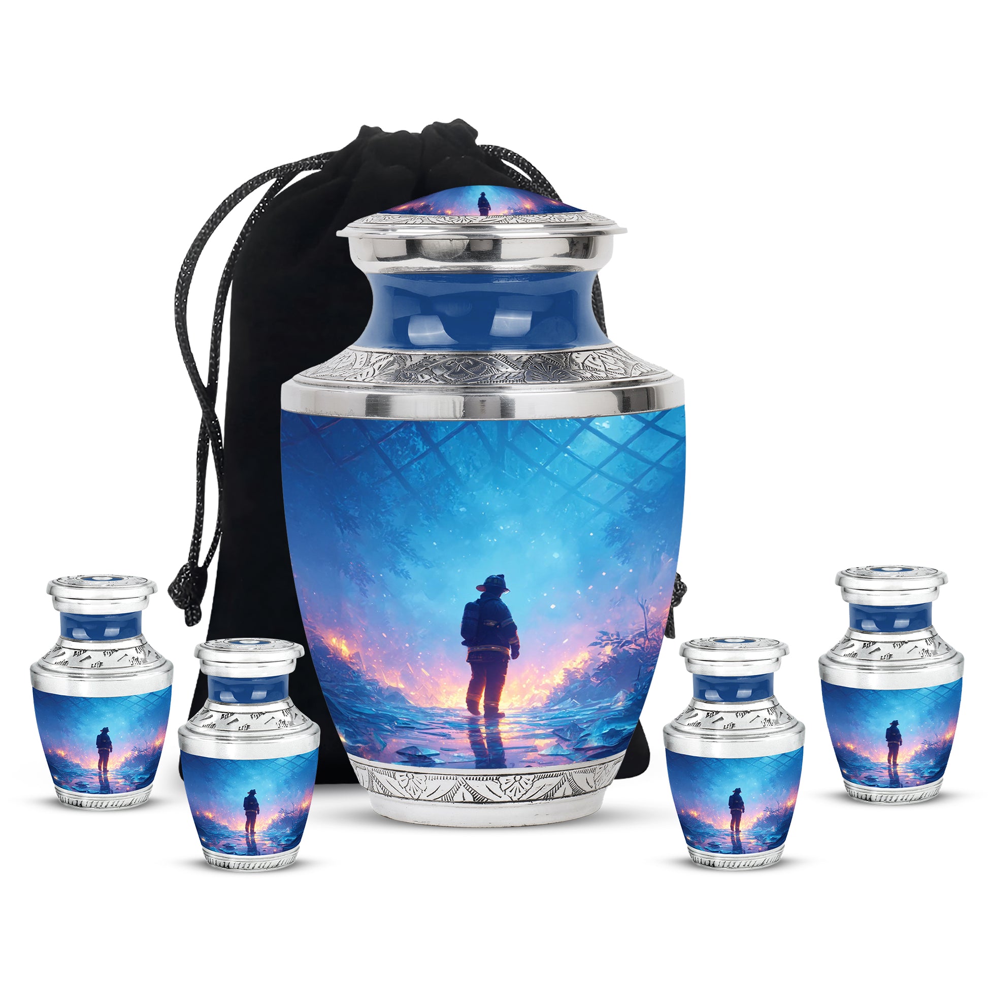 Calming Blue Firefighter Cremation Urn lifestyle display on memorial shelf - artistic firefighter interpretation with creative detail - memorial set with one large and four small urns