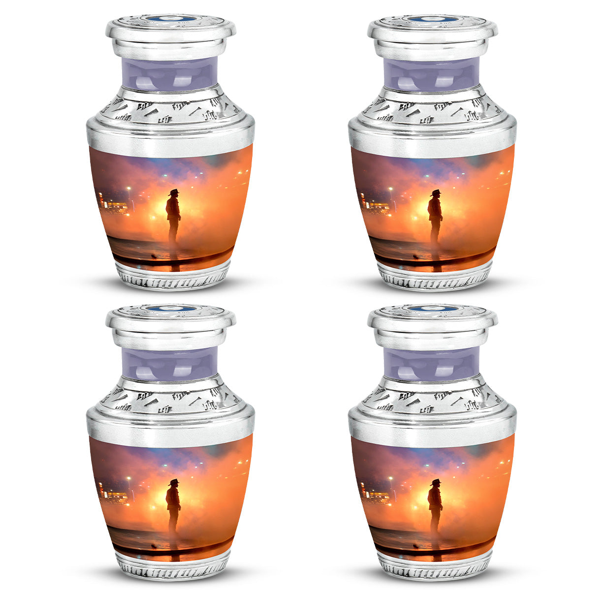 Coral Pink Firefighter Cremation Urn back view with polished surface - modern art-inspired firefighter motif on sleek aluminum - 10 inch aluminum urn for cremated remains