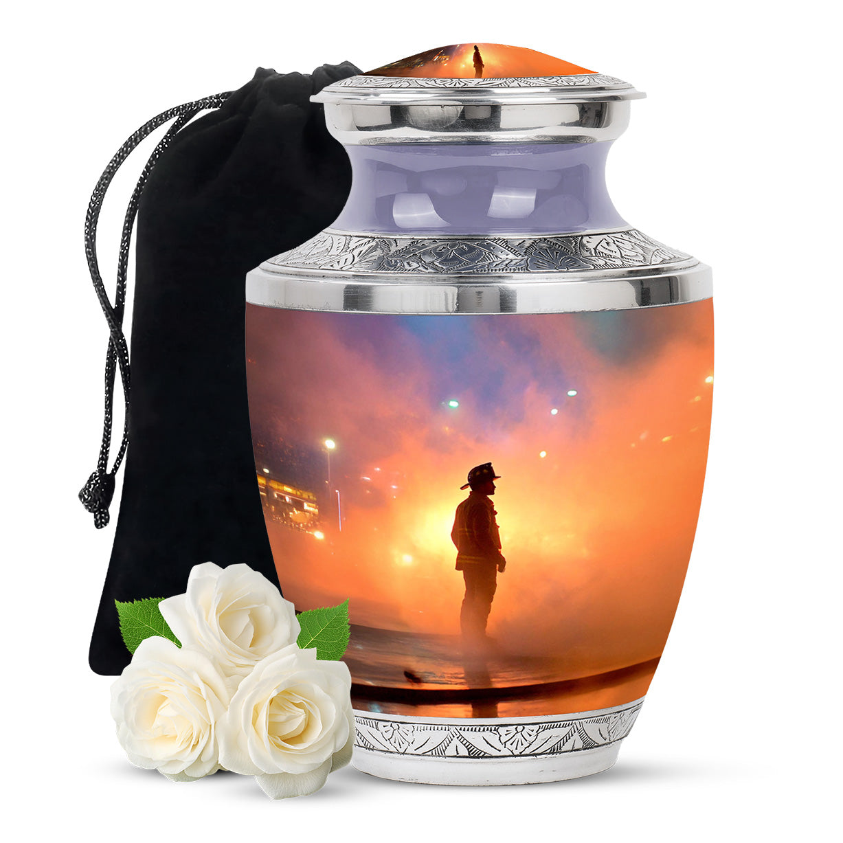 Peony Pink Firefighter Cremation Urn side profile showing urn shape - modern art-inspired firefighter motif on sleek aluminum - full-size 10 inch 200 cubic inch adult cremation urn