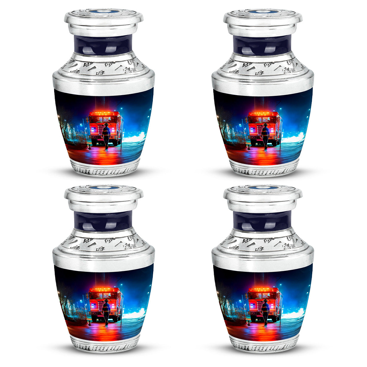 Ebony Firefighter Cremation Urn back view with polished surface - modern art-inspired firefighter motif on sleek aluminum - 10 inch aluminum urn for cremated remains