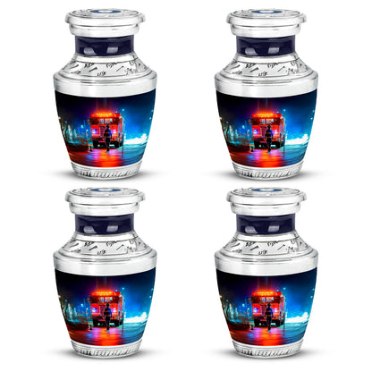 Ebony Firefighter Cremation Urn back view with polished surface - modern art-inspired firefighter motif on sleek aluminum - 10 inch aluminum urn for cremated remains
