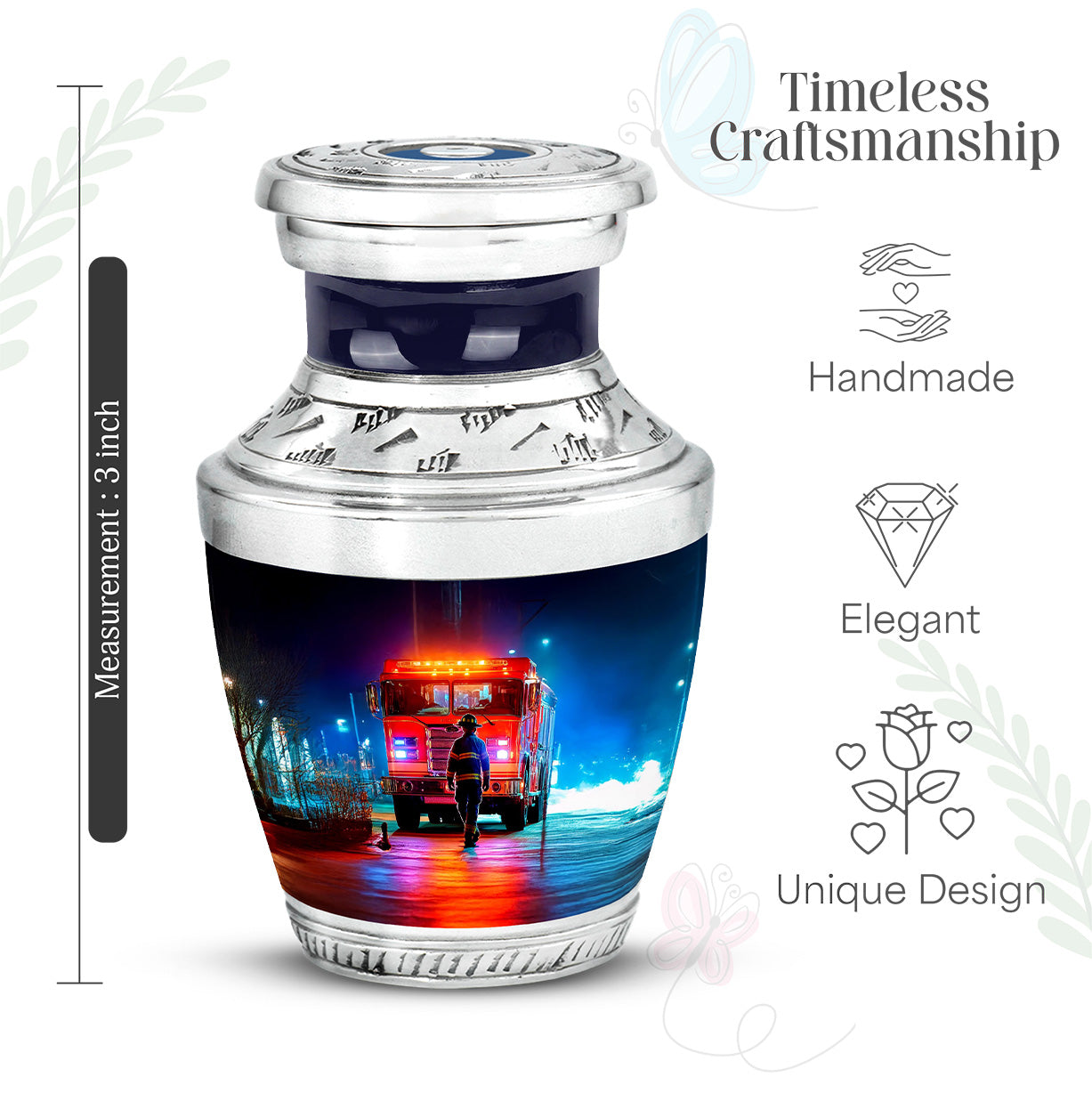 Dark Black Firefighter Cremation Urn top-down view of secure threaded lid - artistic firefighter interpretation with creative detail - mini keepsake memorial for portion of cremation ashes
