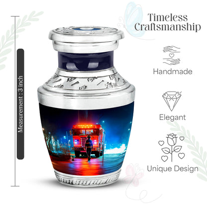Dark Black Firefighter Cremation Urn top-down view of secure threaded lid - artistic firefighter interpretation with creative detail - mini keepsake memorial for portion of cremation ashes