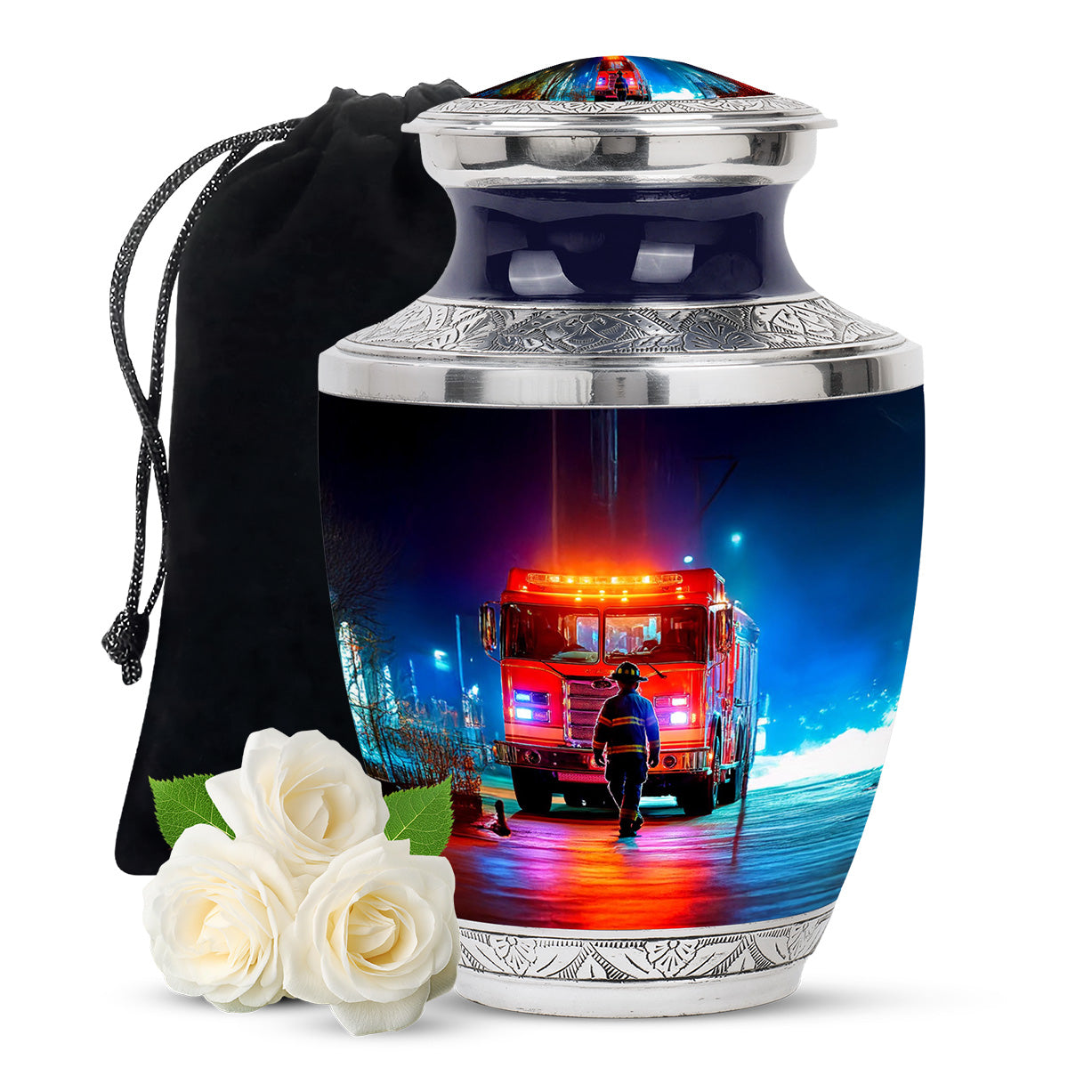 Glossy Black Firefighter Cremation Urn side profile showing urn shape - contemporary firefighter design with modern artistic flair - full-size 10 inch 200 cubic inch adult cremation urn