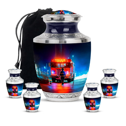 Jet Black Firefighter Cremation Urn lifestyle display on memorial shelf - contemporary firefighter design with modern artistic flair - memorial set with one large and four small urns