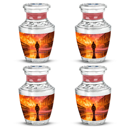 Ruby Red Firefighter Cremation Urn back view with polished surface - stylized abstract firefighter pattern with bold lines - 10 inch aluminum urn for cremated remains