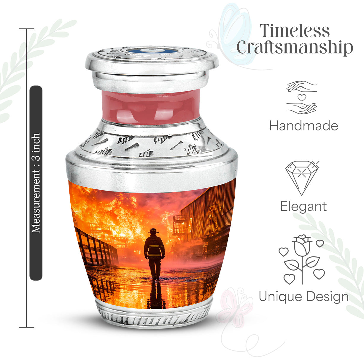 Cherry Red Firefighter Cremation Urn top-down view of secure threaded lid - artistic firefighter interpretation with creative detail - mini keepsake memorial for portion of cremation ashes
