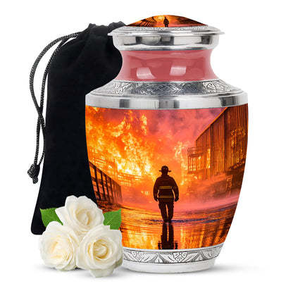 Scarlet Red Firefighter Cremation Urn side profile showing urn shape - stylized abstract firefighter pattern with bold lines - full-size 10 inch 200 cubic inch adult cremation urn