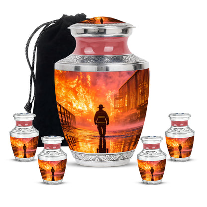 Fiery Red Firefighter Cremation Urn lifestyle display on memorial shelf - stylized abstract firefighter pattern with bold lines - memorial set with one large and four small urns