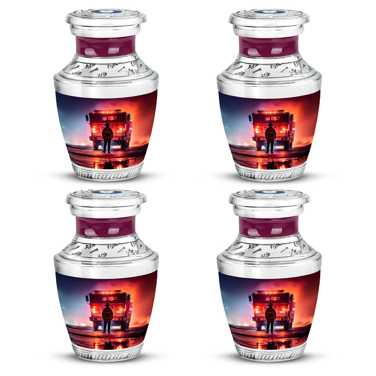 Violet Purple Firefighter Cremation Urn back view with polished surface - stylized abstract firefighter pattern with bold lines - 10 inch aluminum urn for cremated remains