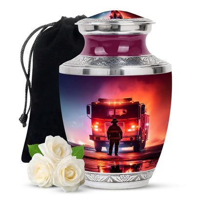 Amethyst Purple Firefighter Cremation Urn side profile showing urn shape - modern art-inspired firefighter motif on sleek aluminum - full-size 10 inch 200 cubic inch adult cremation urn