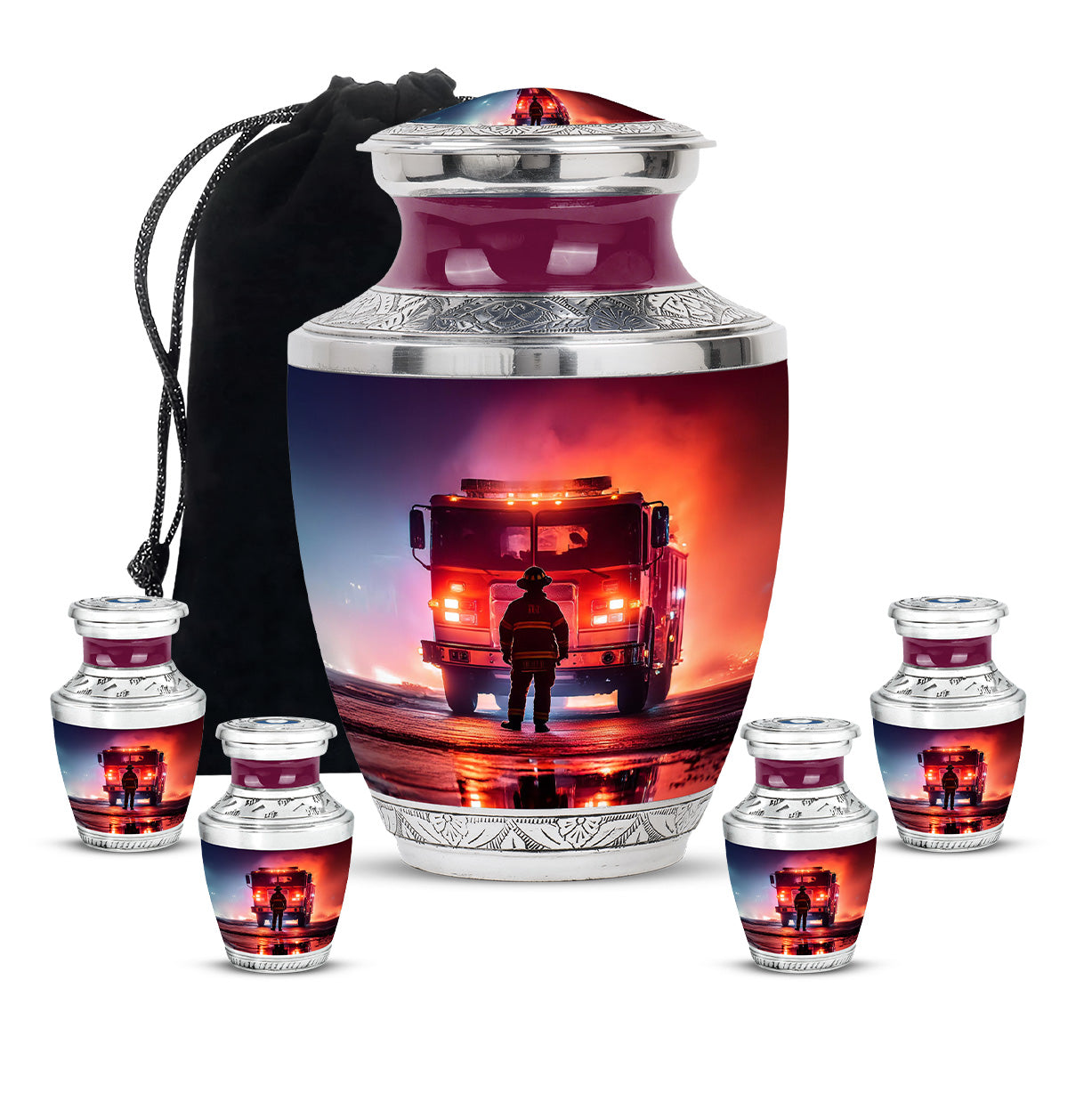 Lavender Purple Firefighter Cremation Urn lifestyle display on memorial shelf - artistic firefighter interpretation with creative detail - memorial set with one large and four small urns