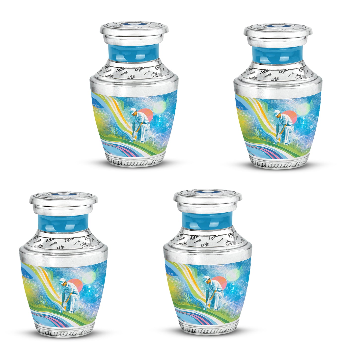 Cornflower Blue Golf Cremation Urn back view with polished surface - artistic golf interpretation with creative detail - 10 inch aluminum urn for cremated remains
