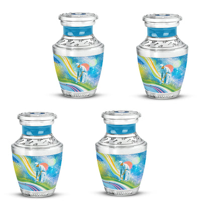 Cornflower Blue Golf Cremation Urn back view with polished surface - artistic golf interpretation with creative detail - 10 inch aluminum urn for cremated remains