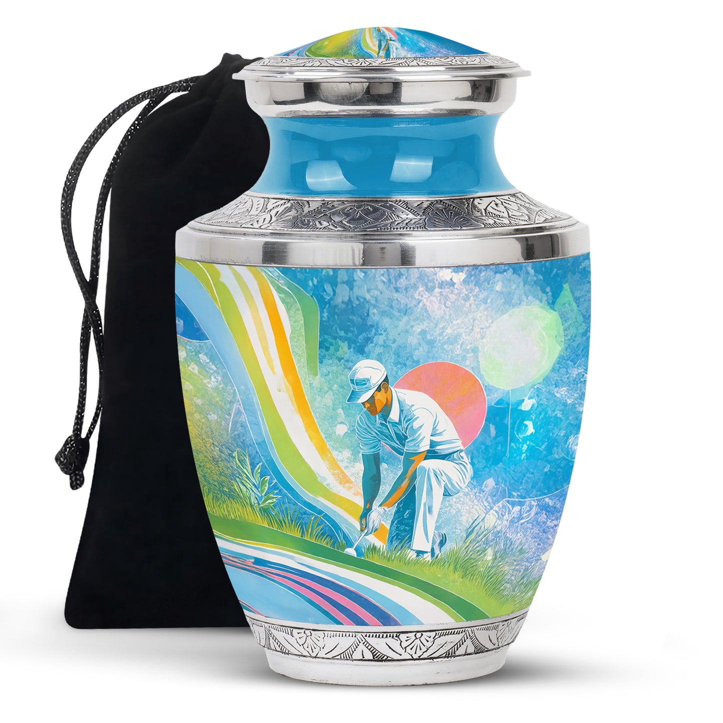 Vivid Blue Golf Cremation Urn side profile showing urn shape - stylized abstract golf pattern with bold lines - full-size 10 inch 200 cubic inch adult cremation urn