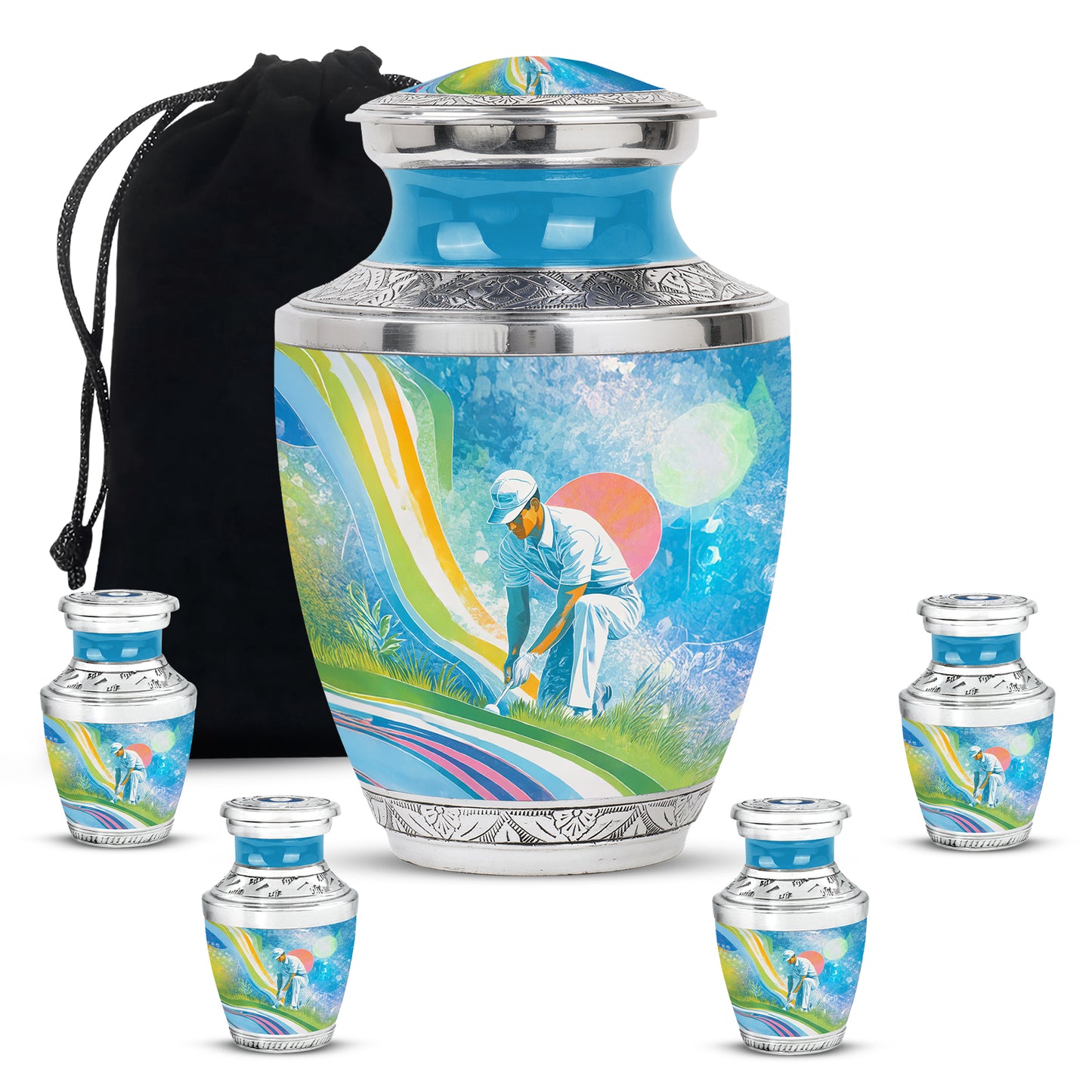 Soft Blue Golf Cremation Urn lifestyle display on memorial shelf - artistic golf interpretation with creative detail - memorial set with one large and four small urns