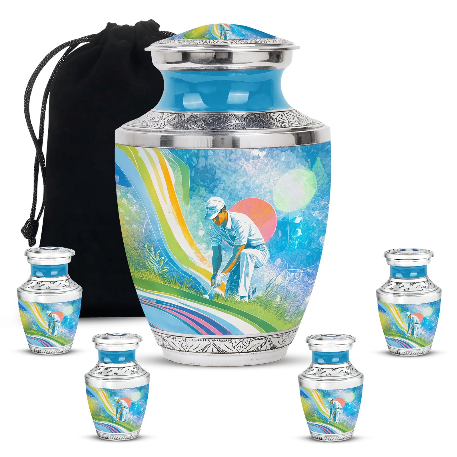 Soft Blue Golf Cremation Urn lifestyle display on memorial shelf - artistic golf interpretation with creative detail - memorial set with one large and four small urns