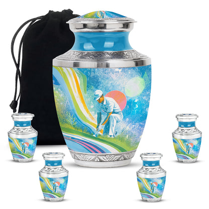 Soft Blue Golf Cremation Urn lifestyle display on memorial shelf - artistic golf interpretation with creative detail - memorial set with one large and four small urns