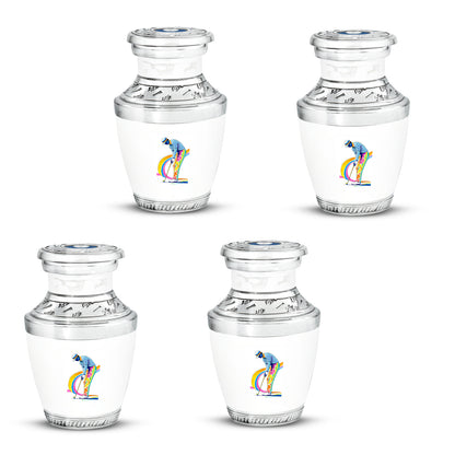 Cream White Golf Cremation Urn back view with polished surface - stylized abstract golf pattern with bold lines - 10 inch aluminum urn for cremated remains