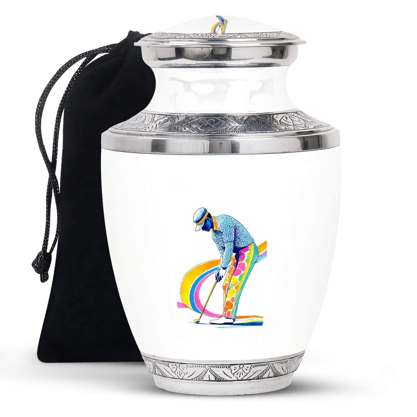 Cloud White Golf Cremation Urn side profile showing urn shape - artistic golf interpretation with creative detail - full-size 10 inch 200 cubic inch adult cremation urn