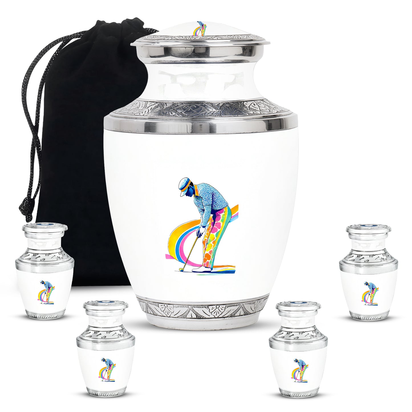 Porcelain White Golf Cremation Urn lifestyle display on memorial shelf - stylized abstract golf pattern with bold lines - memorial set with one large and four small urns