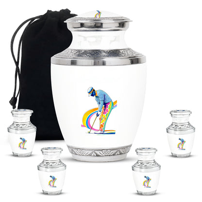 Porcelain White Golf Cremation Urn lifestyle display on memorial shelf - stylized abstract golf pattern with bold lines - memorial set with one large and four small urns