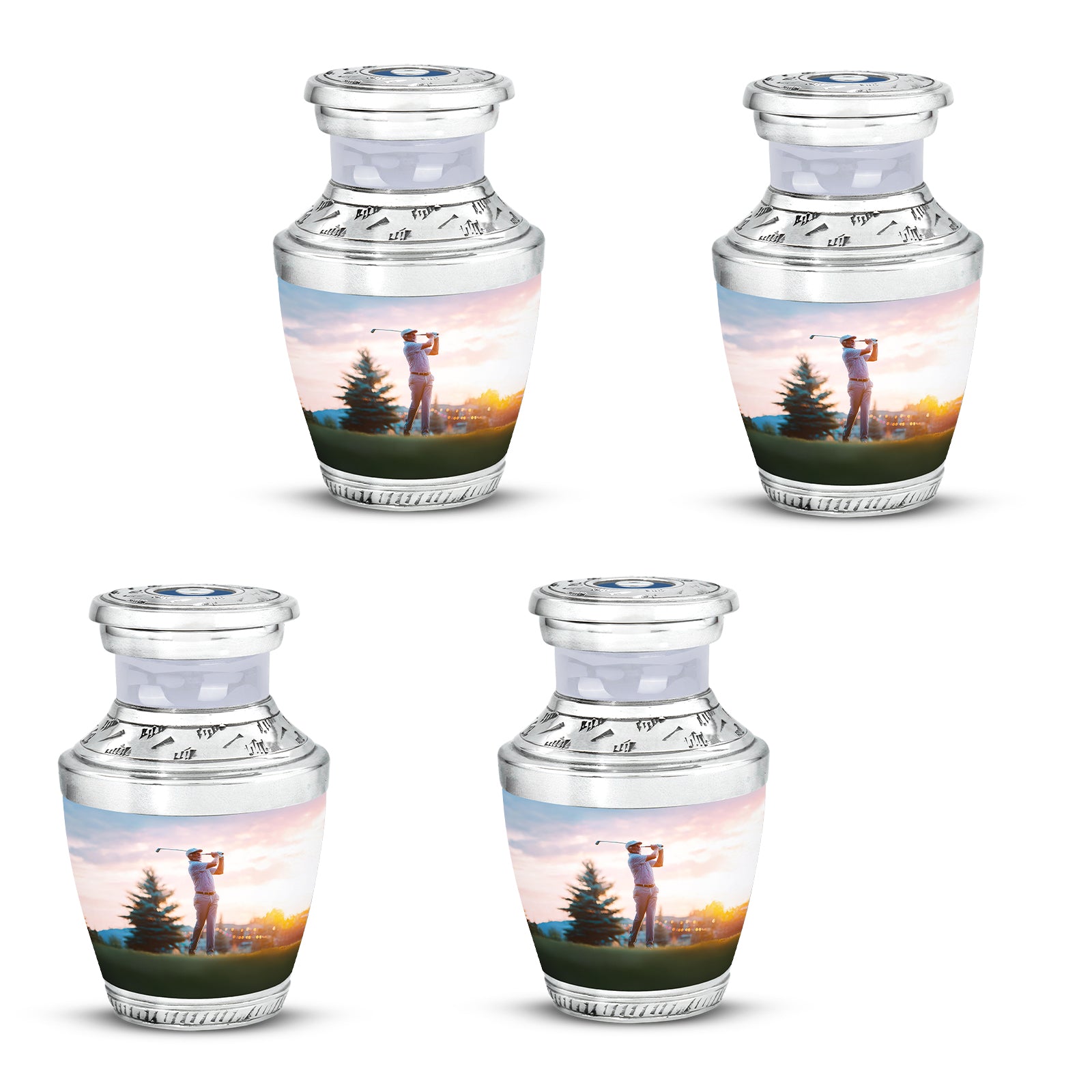 Satin Silver Golf Cremation Urn back view with polished surface - contemporary golf design with modern artistic flair - 10 inch aluminum urn for cremated remains