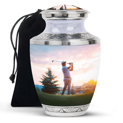 Moonlight Silver Golf Cremation Urn side profile showing urn shape - stylized abstract golf pattern with bold lines - full-size 10 inch 200 cubic inch adult cremation urn
