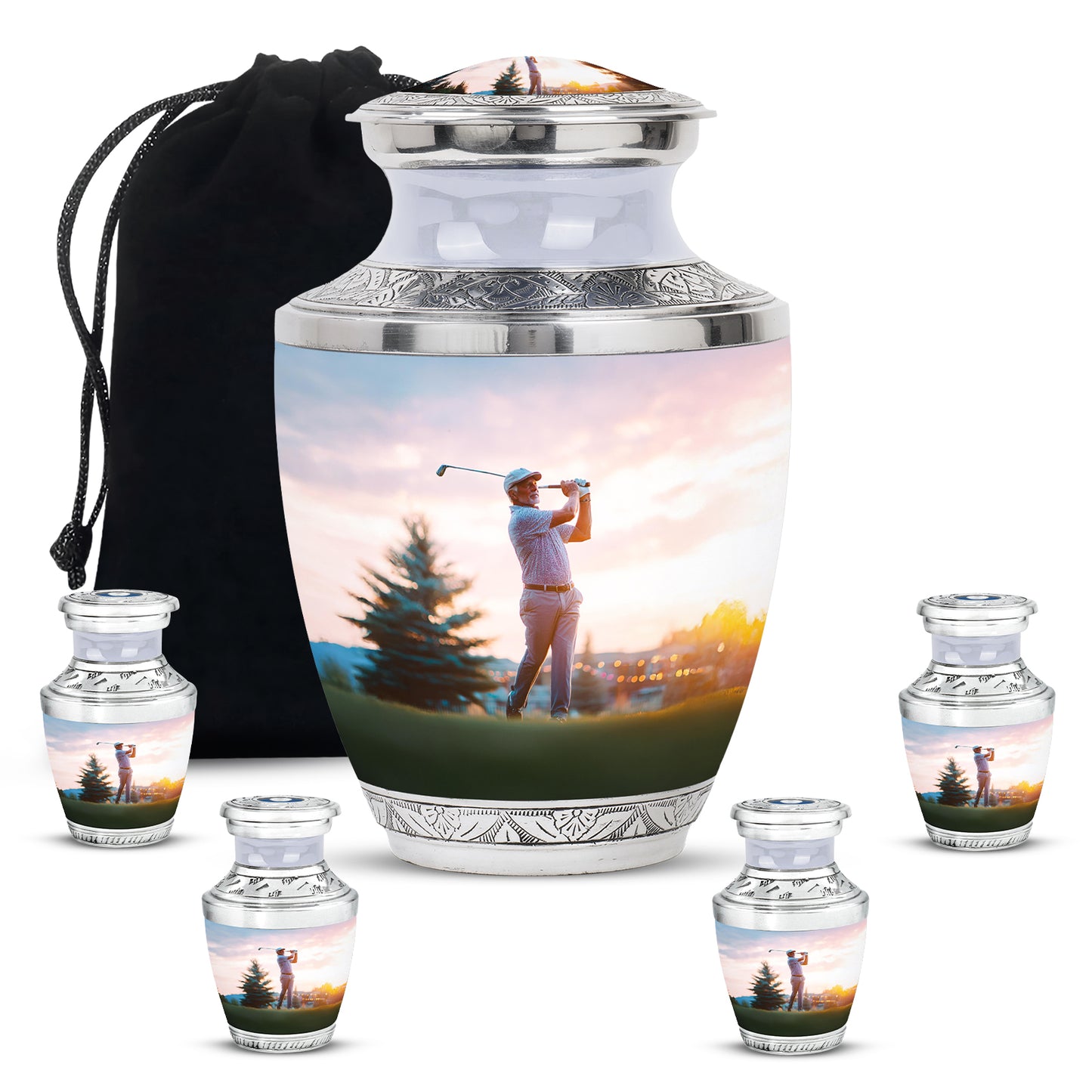 Frosted Silver Golf Cremation Urn lifestyle display on memorial shelf - stylized abstract golf pattern with bold lines - memorial set with one large and four small urns
