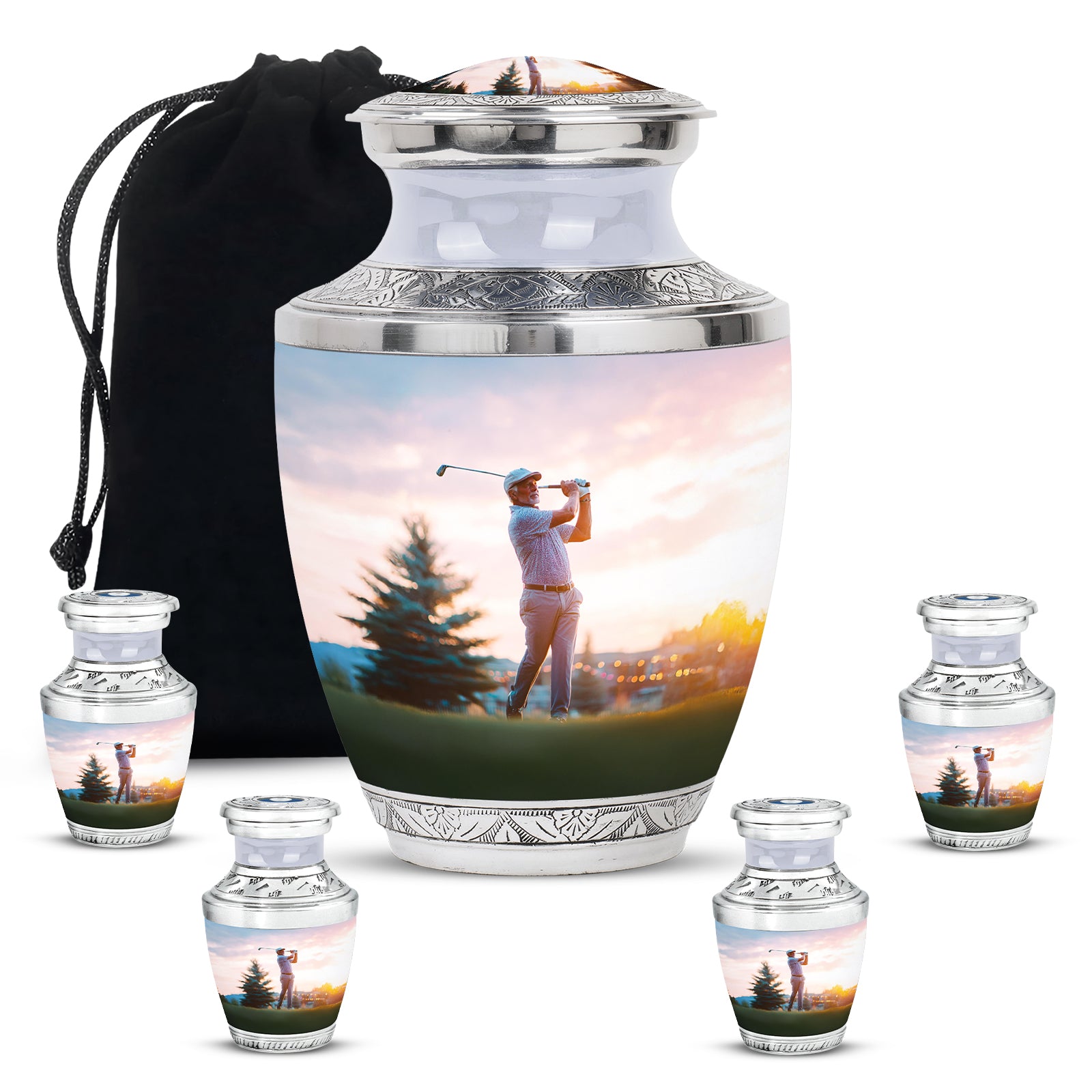 Frosted Silver Golf Cremation Urn lifestyle display on memorial shelf - stylized abstract golf pattern with bold lines - memorial set with one large and four small urns