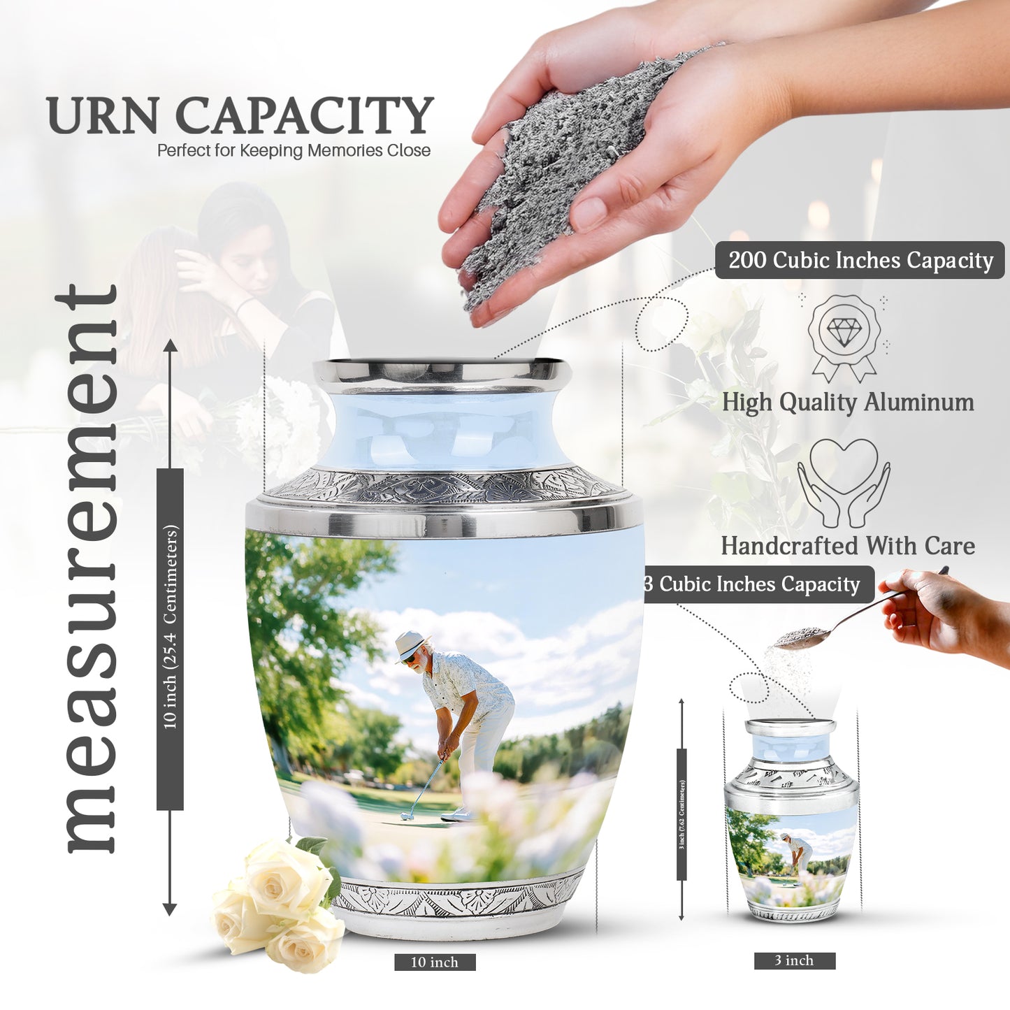 Moonlight Silver Golf Cremation Urn top-down view of secure threaded lid - artistic golf interpretation with creative detail - mini keepsake memorial for portion of cremation ashes