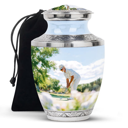 Polished Silver Golf Cremation Urn side profile showing urn shape - stylized abstract golf pattern with bold lines - full-size 10 inch 200 cubic inch adult cremation urn