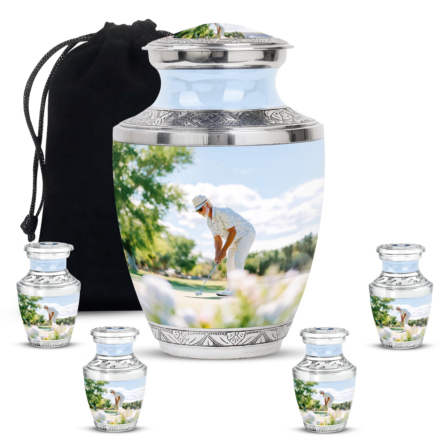 Satin Silver Golf Cremation Urn lifestyle display on memorial shelf - contemporary golf design with modern artistic flair - memorial set with one large and four small urns