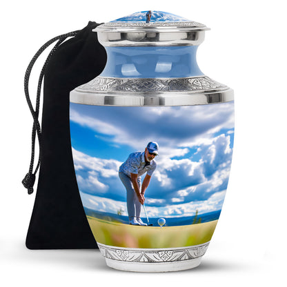 Sapphire Blue Golf Cremation Urn side profile showing urn shape - stylized abstract golf pattern with bold lines - full-size 10 inch 200 cubic inch adult cremation urn