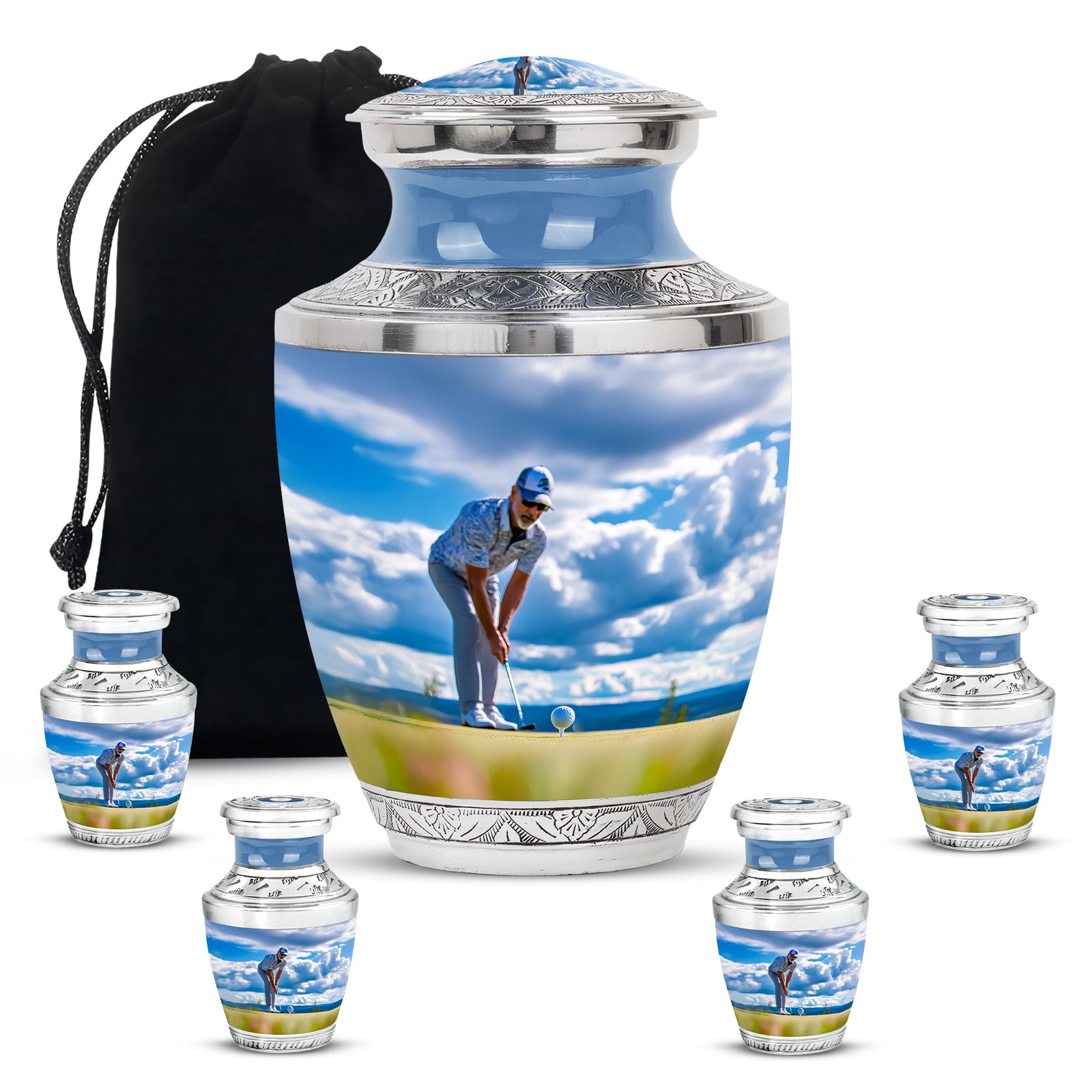 Bright Blue Golf Cremation Urn lifestyle display on memorial shelf - artistic golf interpretation with creative detail - memorial set with one large and four small urns