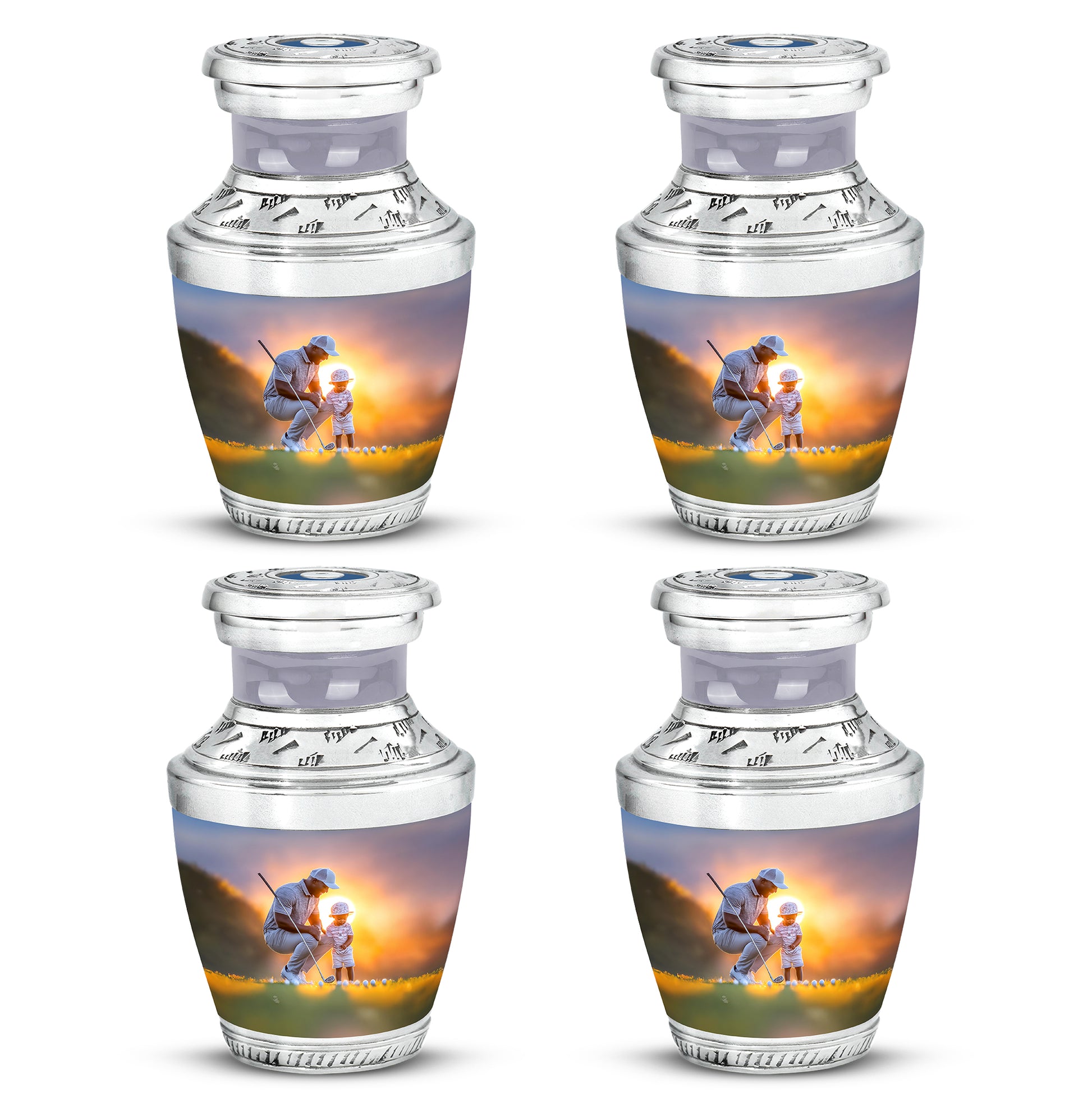 Mist Gray Golf Cremation Urn back view with polished surface - contemporary golf design with modern artistic flair - 10 inch aluminum urn for cremated remains