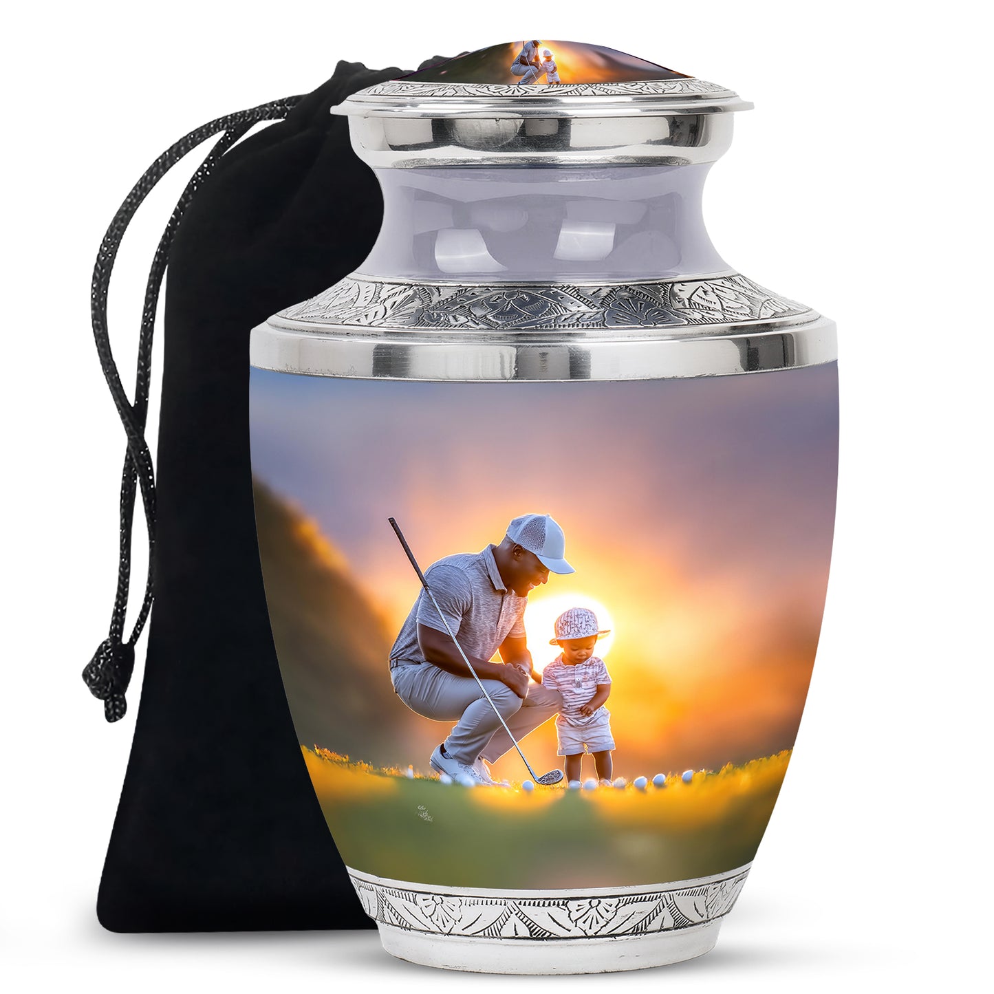 Slate Gray Golf Cremation Urn side profile showing urn shape - stylized abstract golf pattern with bold lines - full-size 10 inch 200 cubic inch adult cremation urn