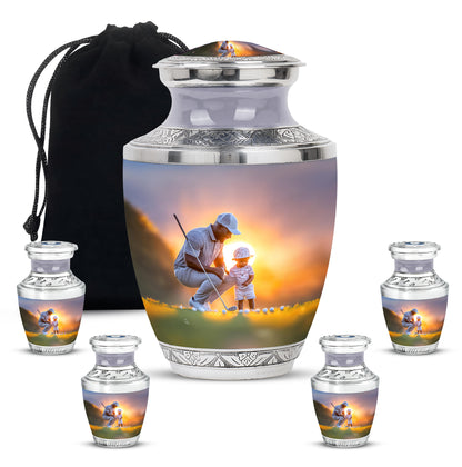 Charcoal Gray Golf Cremation Urn lifestyle display on memorial shelf - modern art-inspired golf motif on sleek aluminum - memorial set with one large and four small urns