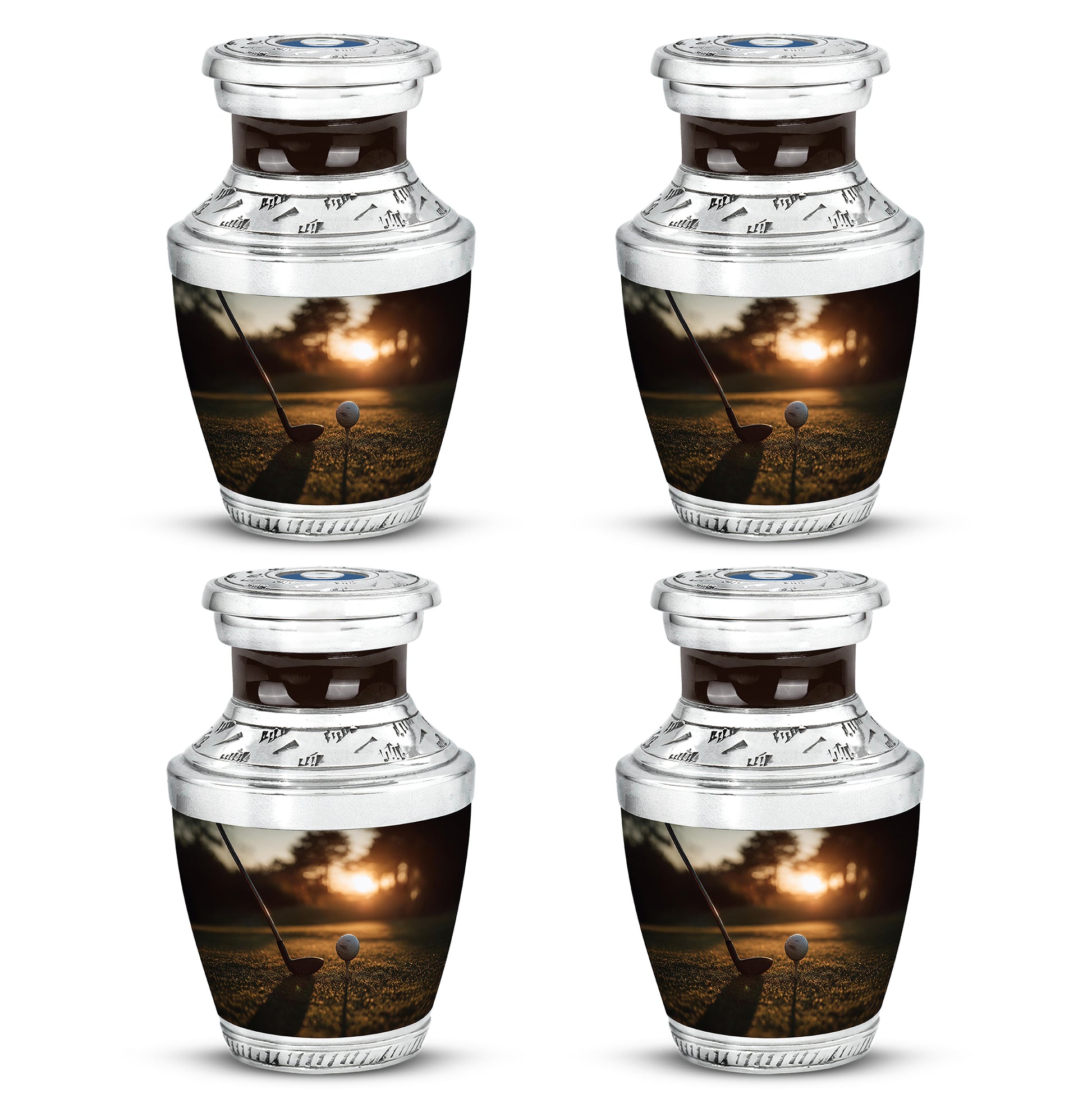 Burnished Gold Golf Cremation Urn back view with polished surface - artistic golf interpretation with creative detail - 10 inch aluminum urn for cremated remains